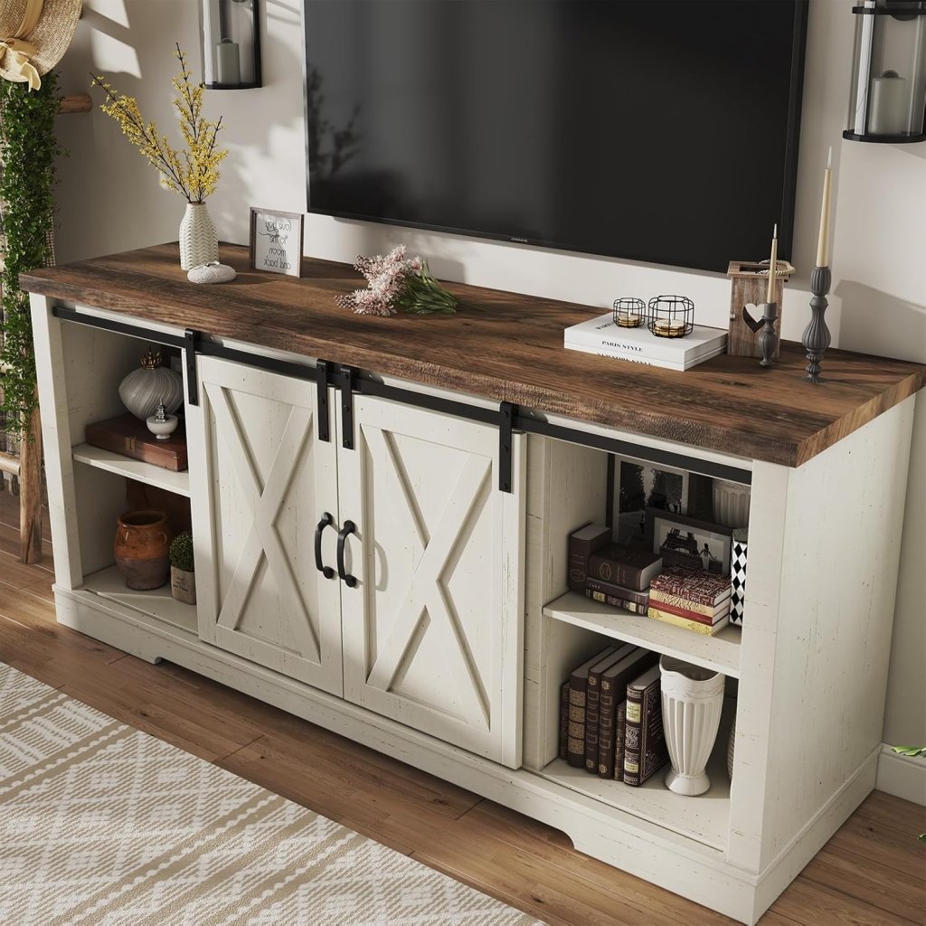 AMERLIFE Fireplace TV Stand with Sliding Barn Door for TVs up to 73", Farmhouse 63" Fireplace Entertainment Center with Storage Cabinets/Adjustable Shelves wourant