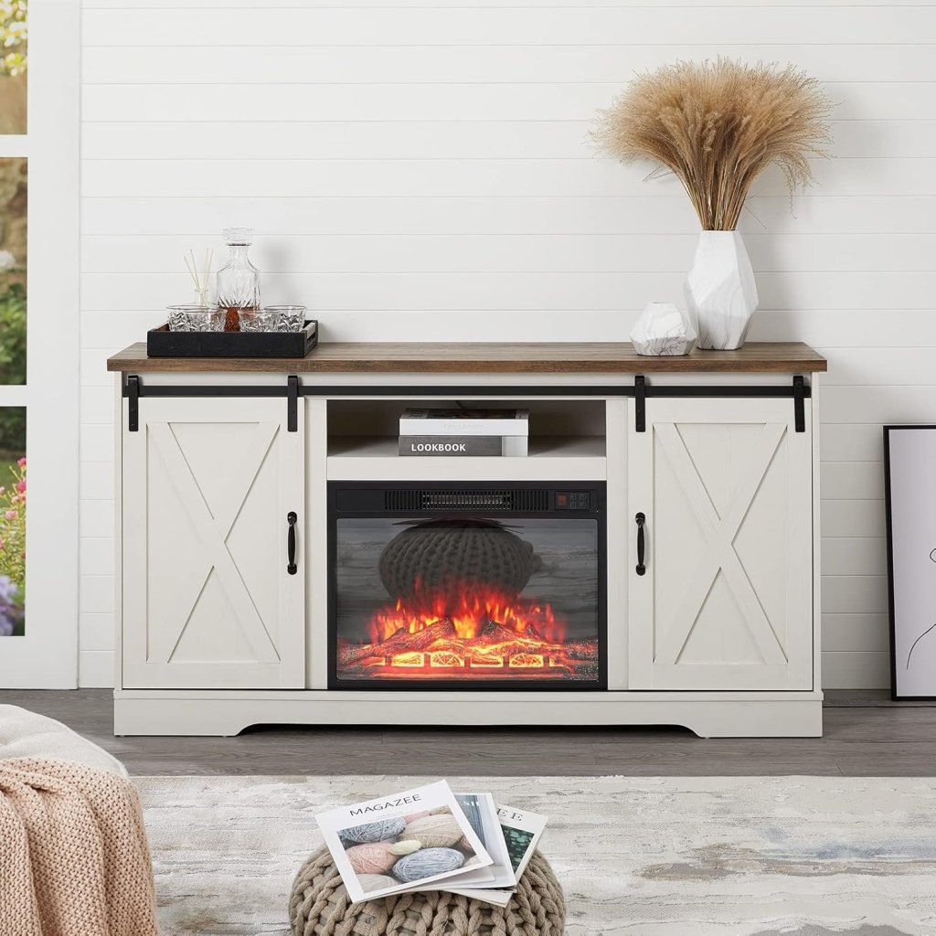 AMERLIFE Fireplace TV Stand with Sliding Barn Door for TVs up to 73", Farmhouse 63" Fireplace Entertainment Center with Storage Cabinets/Adjustable Shelves wourant