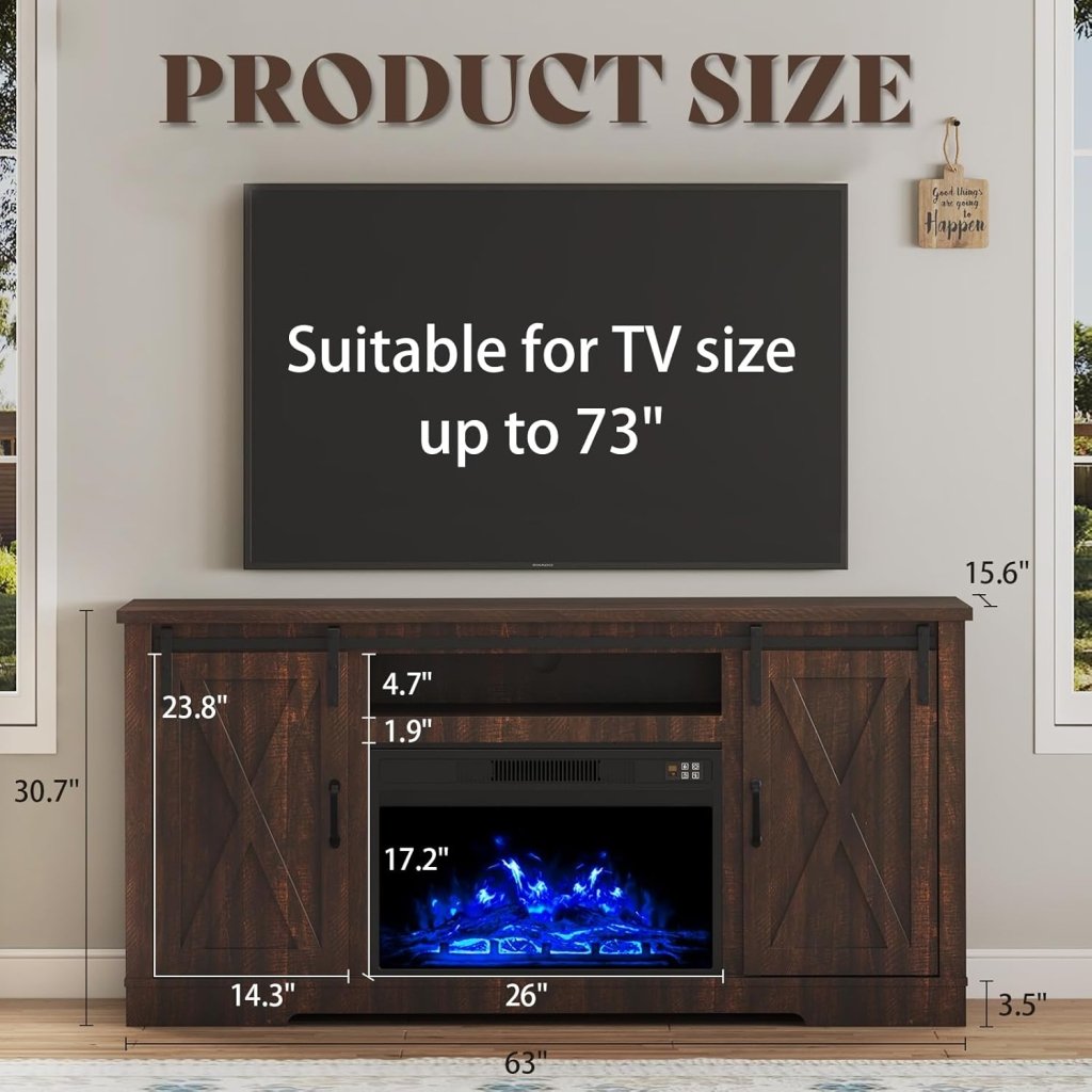 AMERLIFE Fireplace TV Stand with Sliding Barn Door for TVs up to 73", Farmhouse 63" Fireplace Entertainment Center with Storage Cabinets/Adjustable Shelves wourant
