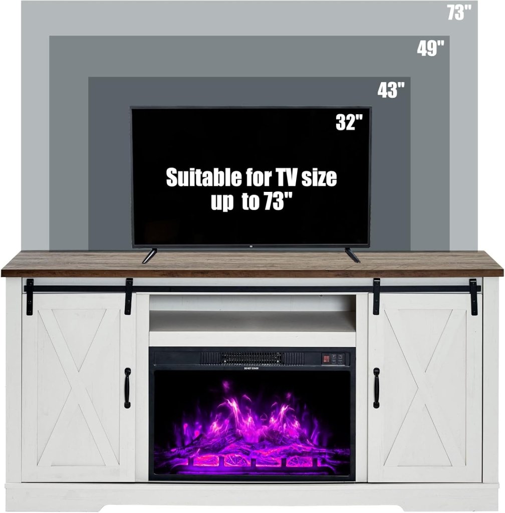 AMERLIFE Fireplace TV Stand with Sliding Barn Door for TVs up to 73", Farmhouse 63" Fireplace Entertainment Center with Storage Cabinets/Adjustable Shelves wourant