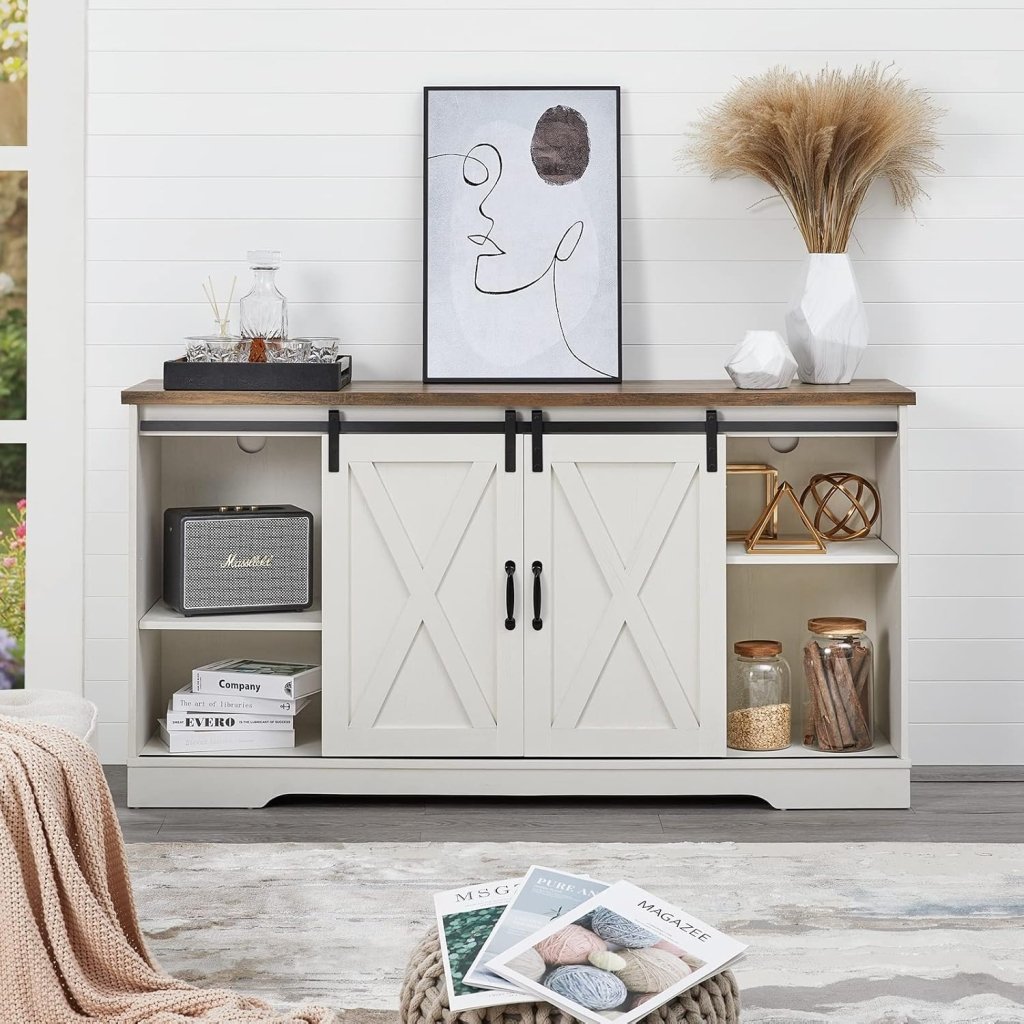 AMERLIFE Fireplace TV Stand with Sliding Barn Door for TVs up to 73", Farmhouse 63" Fireplace Entertainment Center with Storage Cabinets/Adjustable Shelves wourant