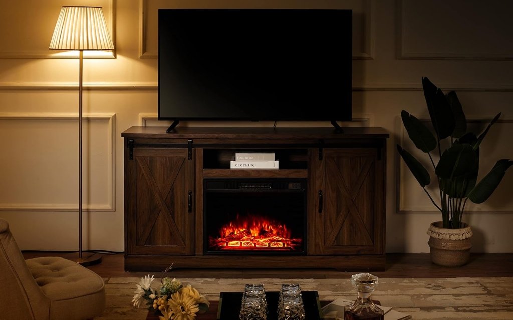 AMERLIFE Fireplace TV Stand with Sliding Barn Door for TVs up to 73", Farmhouse 63" Fireplace Entertainment Center with Storage Cabinets/Adjustable Shelves wourant