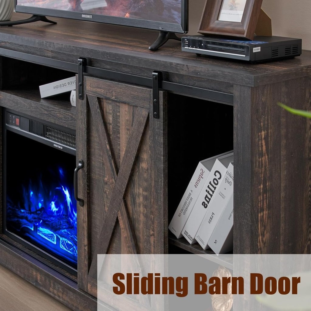 AMERLIFE Fireplace TV Stand with Sliding Barn Door for TVs up to 73", Farmhouse 63" Fireplace Entertainment Center with Storage Cabinets/Adjustable Shelves wourant