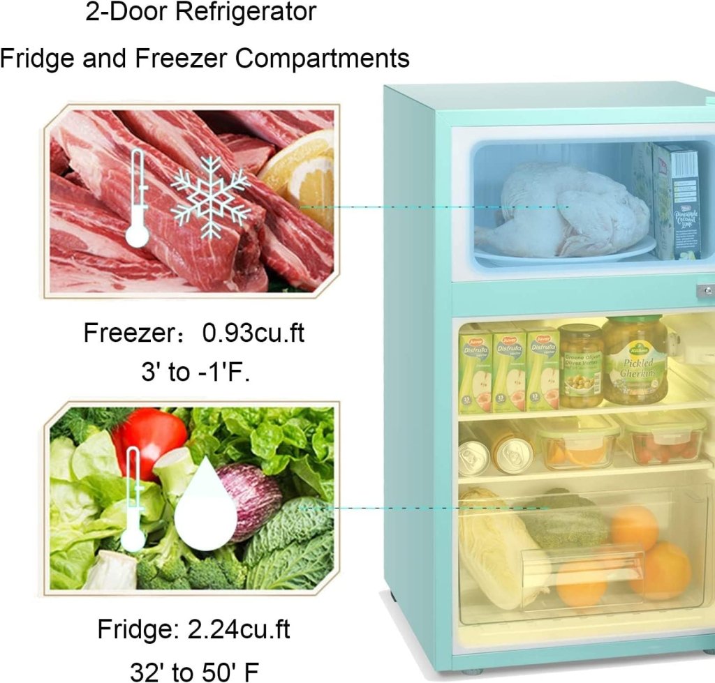 Antarctic Star Compact Mini Refrigerator Separate Freezer, Small Fridge Double 2-Door Adjustable Removable Retro Stainless Steel Shelves Living room/Kitchen/Dorm/Office 3.2 cu ft.Green wourant