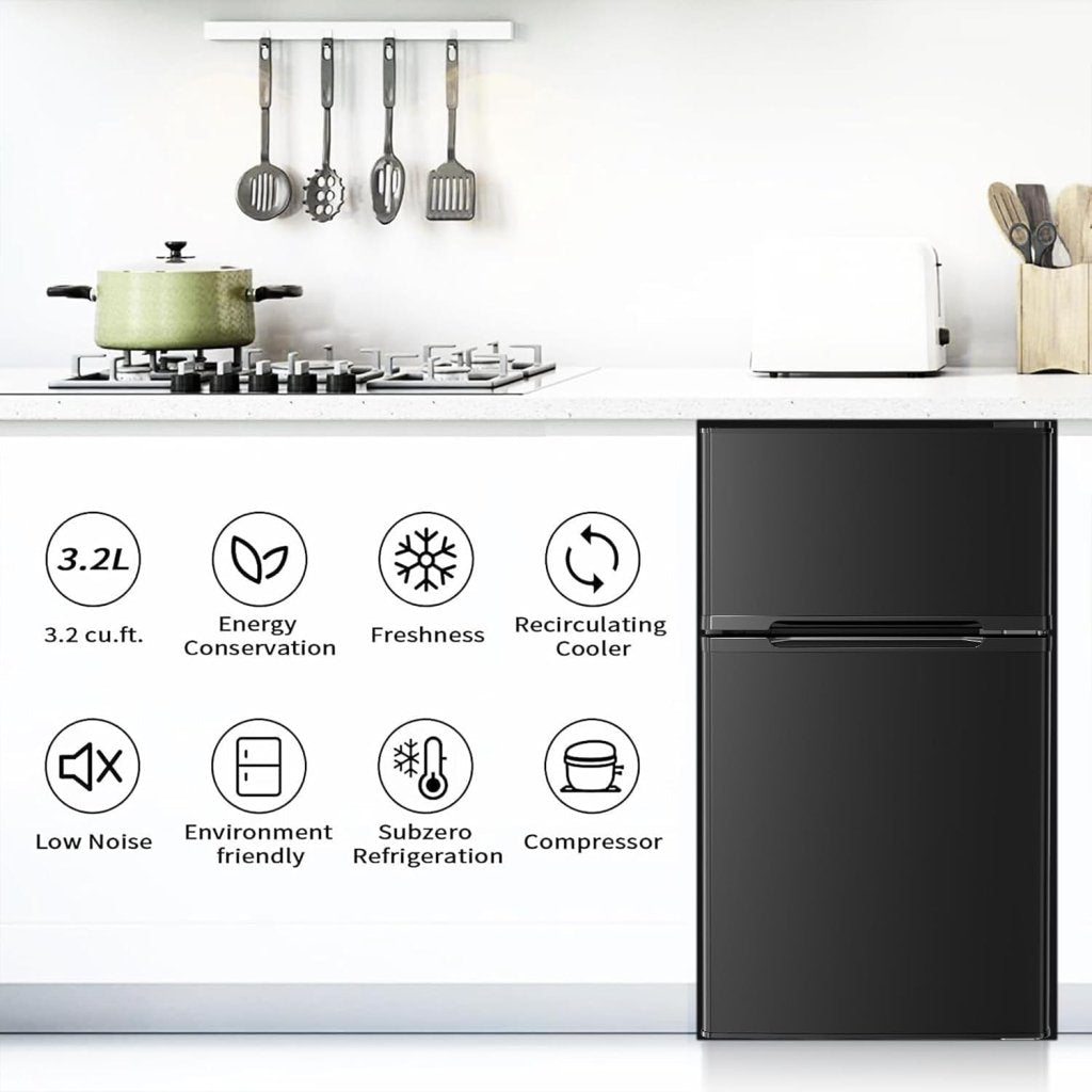 Antarctic Star Compact Mini Refrigerator Separate Freezer, Small Fridge Double 2-Door Adjustable Removable Retro Stainless Steel Shelves Living room/Kitchen/Dorm/Office 3.2 cu ft.Green wourant