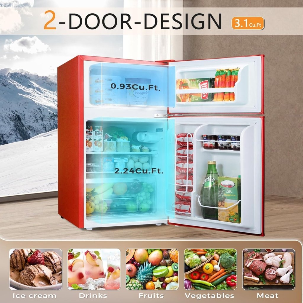 Antarctic Star Compact Mini Refrigerator Separate Freezer, Small Fridge Double 2-Door Adjustable Removable Retro Stainless Steel Shelves Living room/Kitchen/Dorm/Office 3.2 cu ft.Green wourant