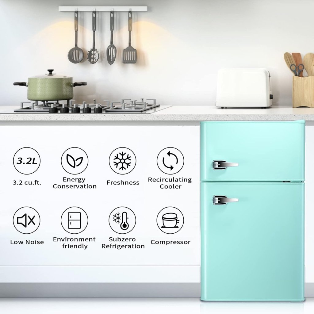 Antarctic Star Compact Mini Refrigerator Separate Freezer, Small Fridge Double 2-Door Adjustable Removable Retro Stainless Steel Shelves Living room/Kitchen/Dorm/Office 3.2 cu ft.Green wourant