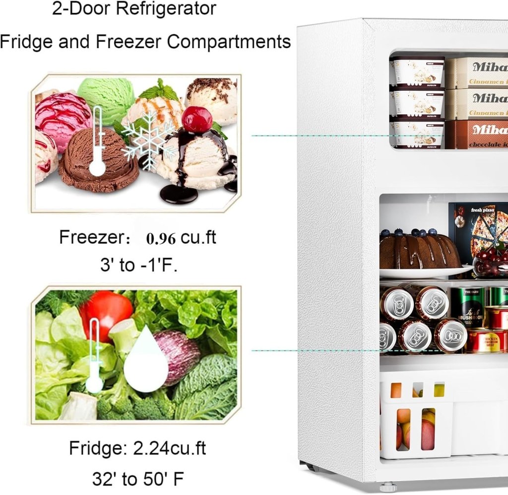 Antarctic Star Compact Mini Refrigerator Separate Freezer, Small Fridge Double 2-Door Adjustable Removable Retro Stainless Steel Shelves Living room/Kitchen/Dorm/Office 3.2 cu ft.Green wourant