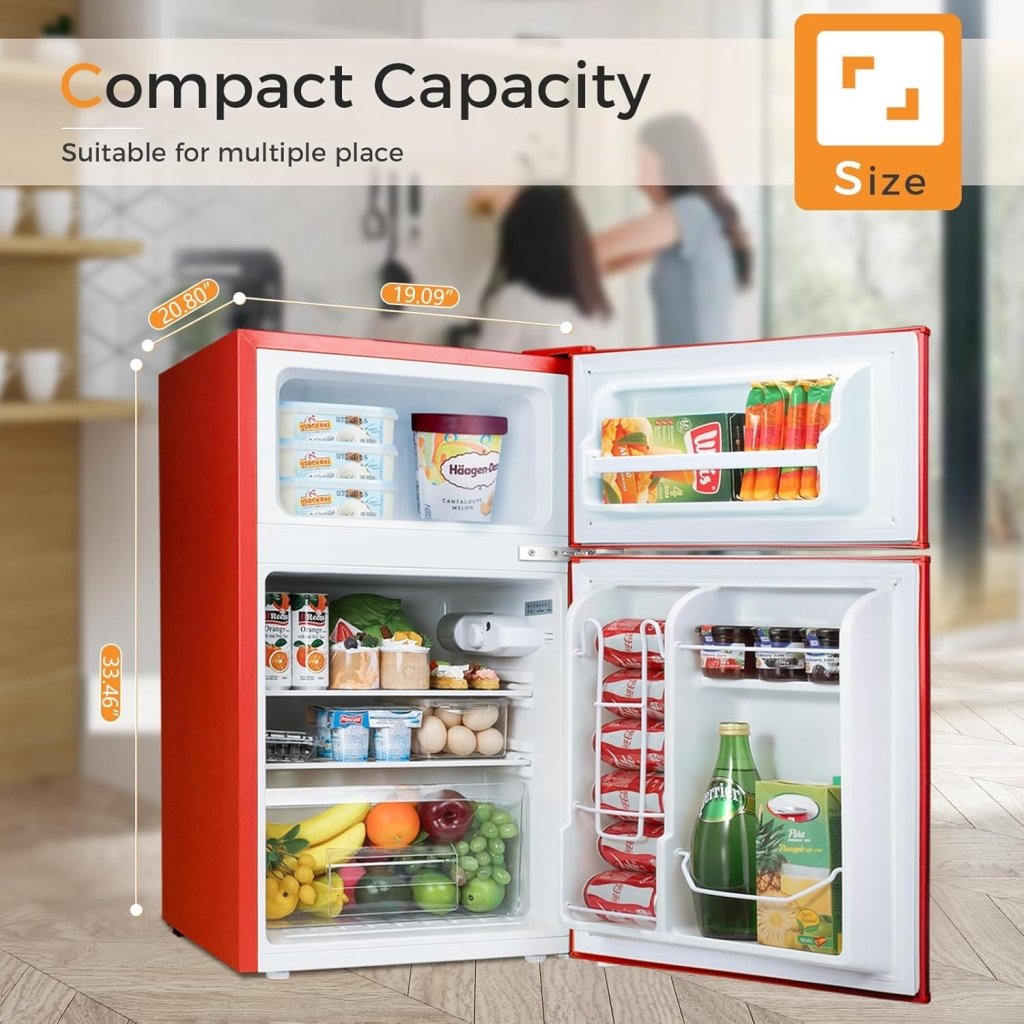 Antarctic Star Compact Mini Refrigerator Separate Freezer, Small Fridge Double 2-Door Adjustable Removable Retro Stainless Steel Shelves Living room/Kitchen/Dorm/Office 3.2 cu ft.Green wourant