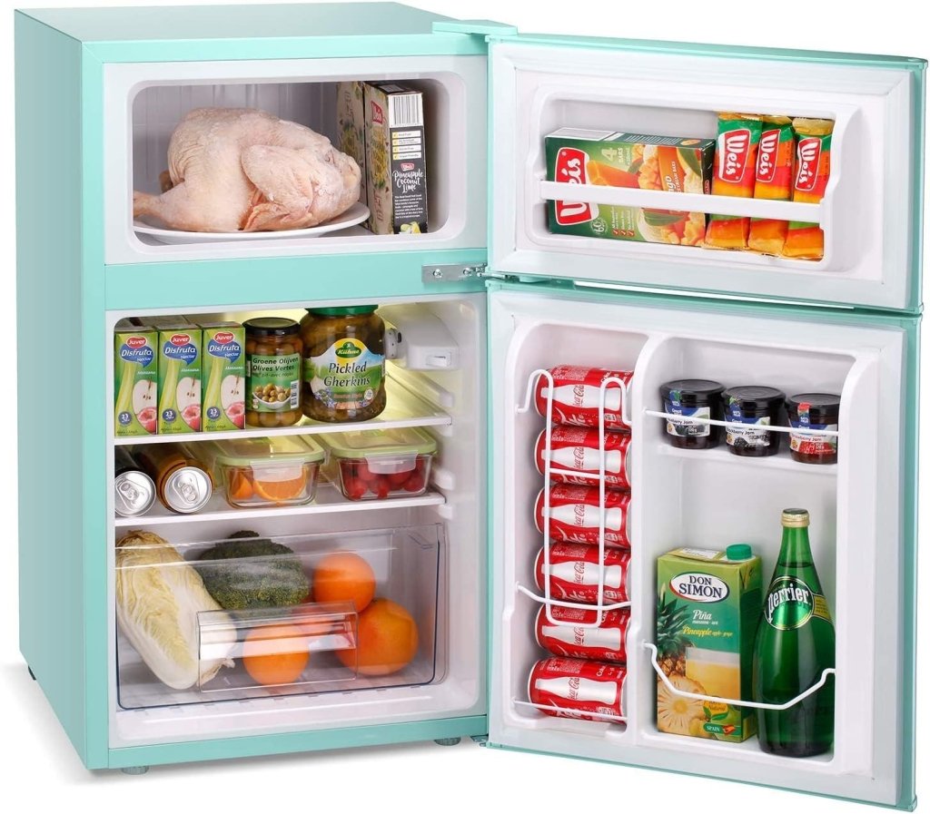 Antarctic Star Compact Mini Refrigerator Separate Freezer, Small Fridge Double 2-Door Adjustable Removable Retro Stainless Steel Shelves Living room/Kitchen/Dorm/Office 3.2 cu ft.Green wourant
