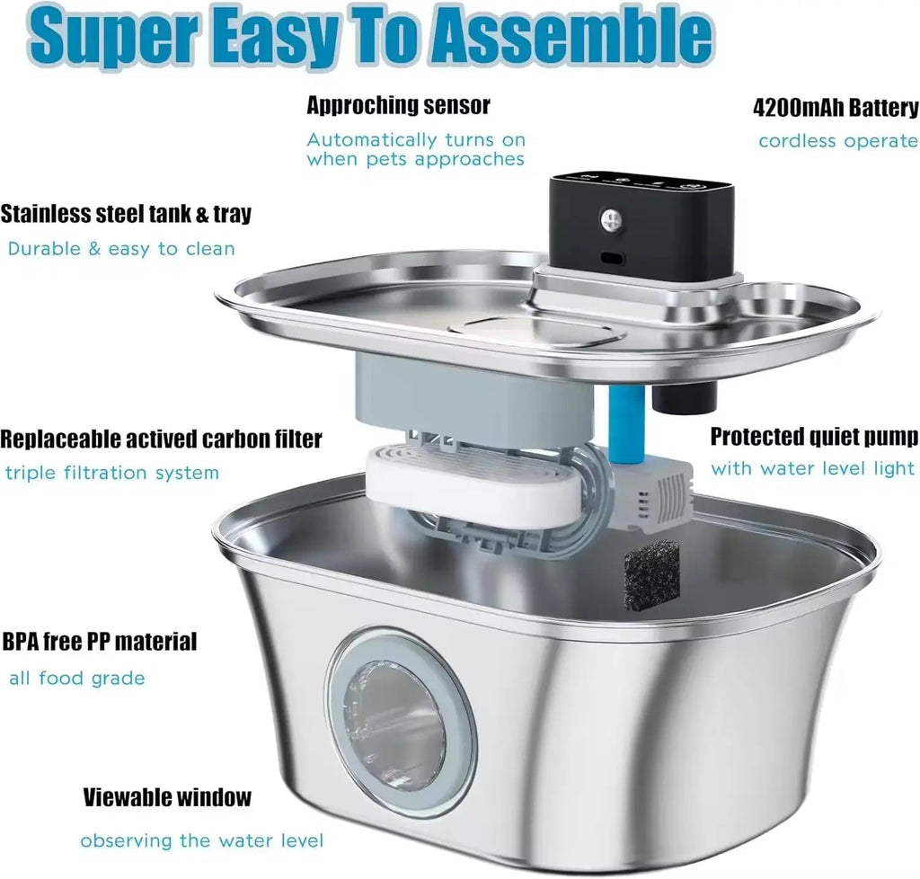 Wireless Cat Water Fountain 3.2L Rechargeable Battery with Motion Sensor Filter and Stainless Steel Bowl wourant
