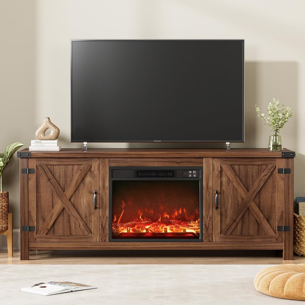 YESHOMY Fireplace TV Stand with Two Barn Doors and Storage Cabinets for Televisions up to 65+ Inch, Entertainment Center Console Table, Media Furniture for Living Room, 58 Inch wourant