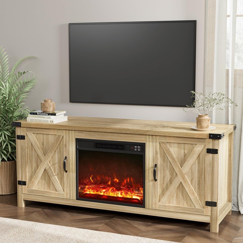 YESHOMY Fireplace TV Stand with Two Barn Doors and Storage Cabinets for Televisions up to 65+ Inch, Entertainment Center Console Table, Media Furniture for Living Room, 58 Inch wourant